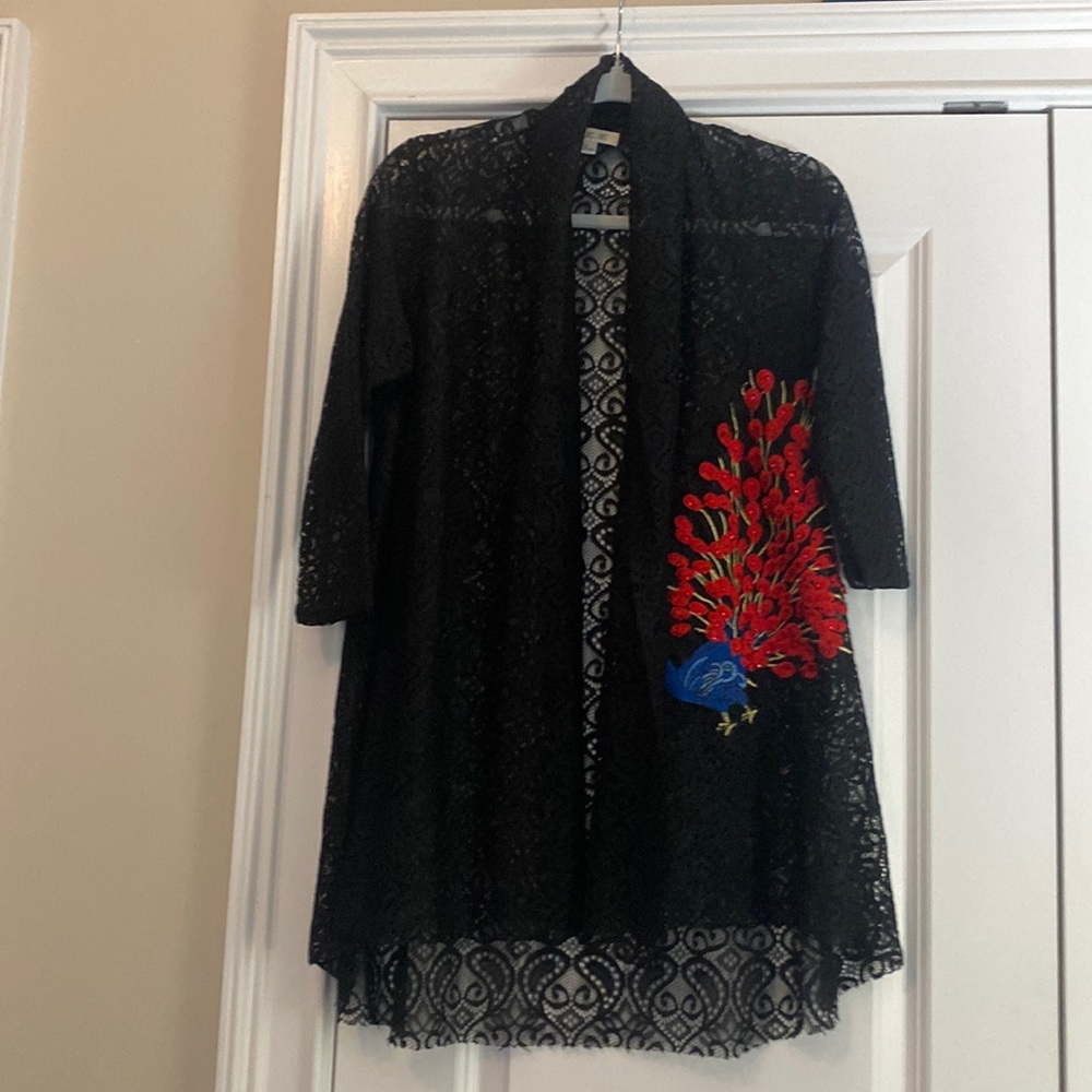 Beautiful Black Lace Jacket/Duster. Vibrant Embroidered Peacock on Left Front.